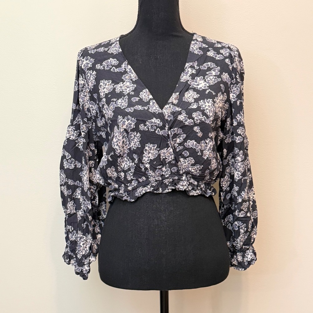 Final‎ Touch Floral V-Neck Cropped Blouse Balloon Long Sleeve Womens S USA Made